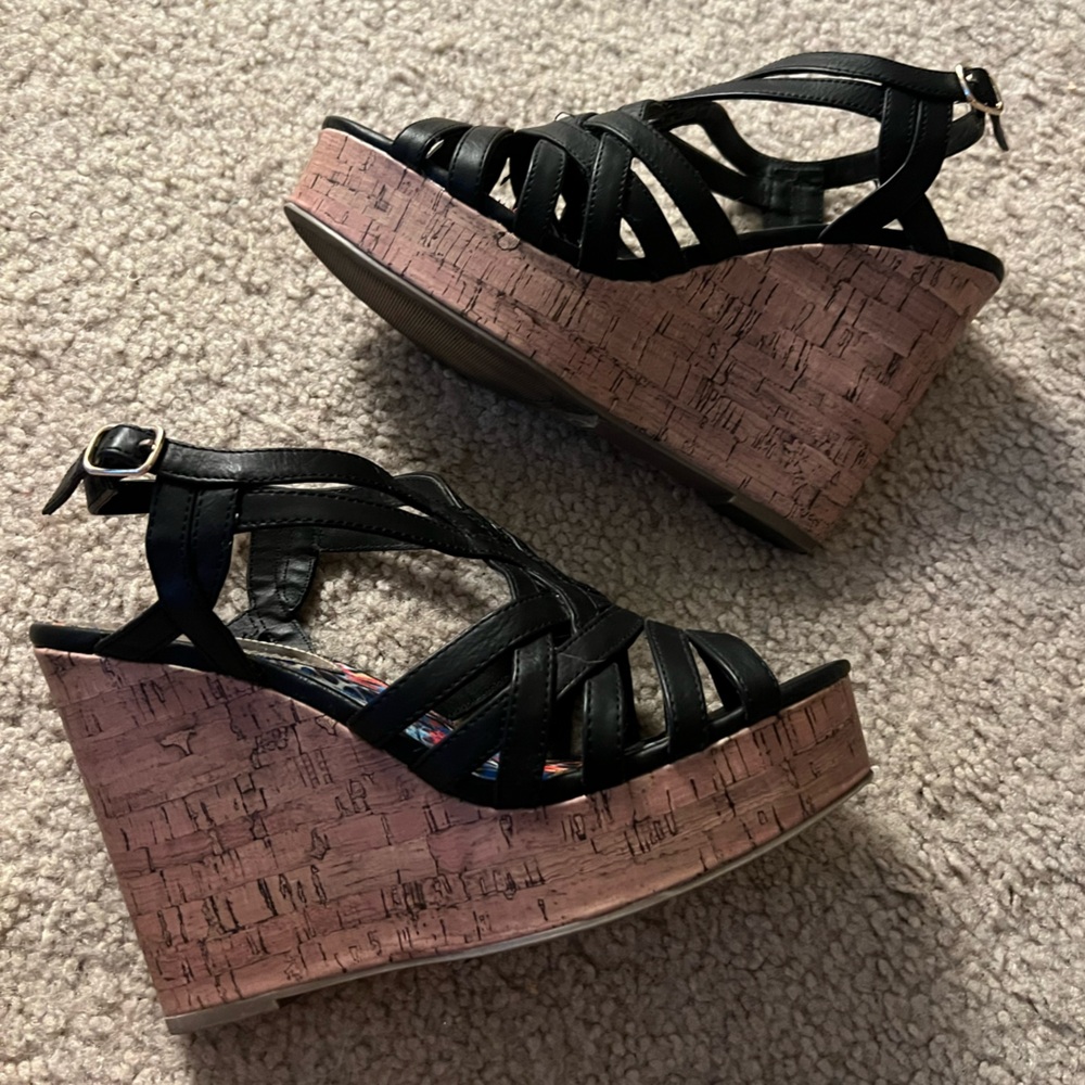 Black Strappy Cork Wedge Sandals